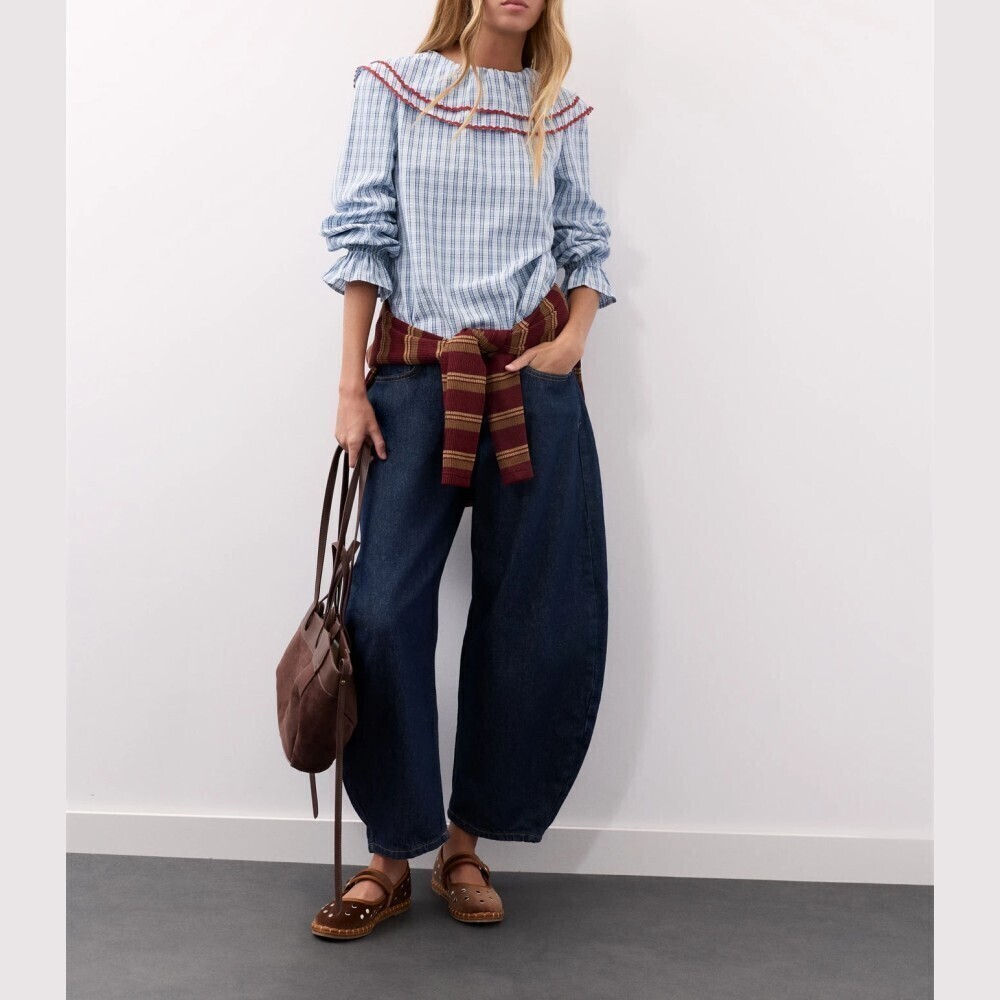 Blue Plaid Ric Rac Trim Ruffle Collar Long Sleeve Blouse
